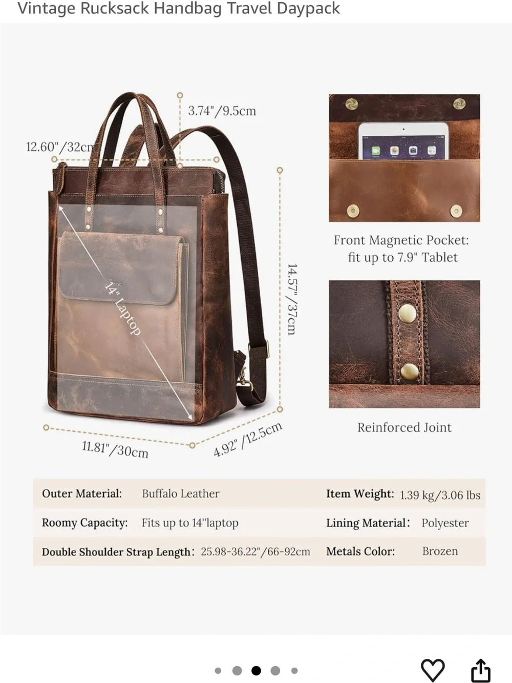 Genuine Leather Backpack 14” Laptop Holder